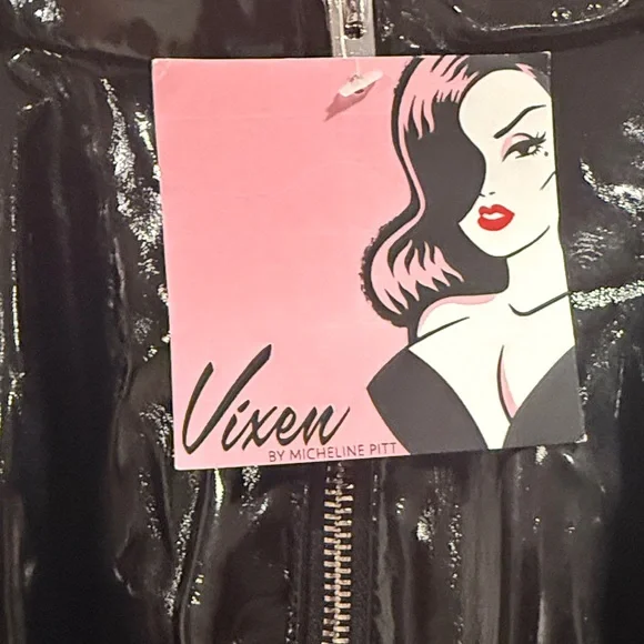 Vixen by Micheline Pitt Glossy Black Midi Skirt Sz.XS w/silver zip back - Picture 7 of 11